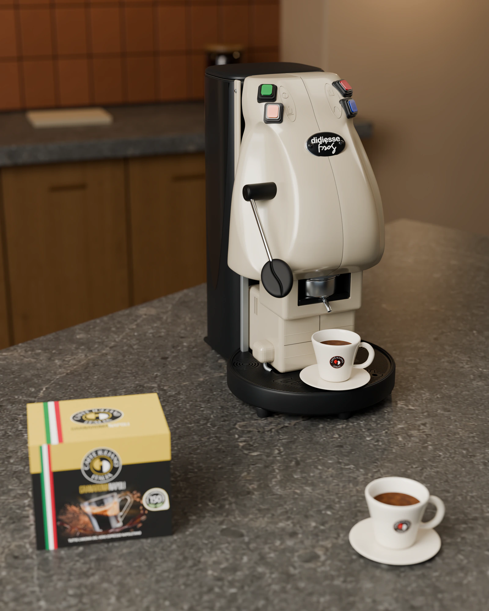 Aparati Frog i bardhë me një filxhan espresso nën grykë dhe kutinë Gran Aroma Napoli, mbi një banak guri