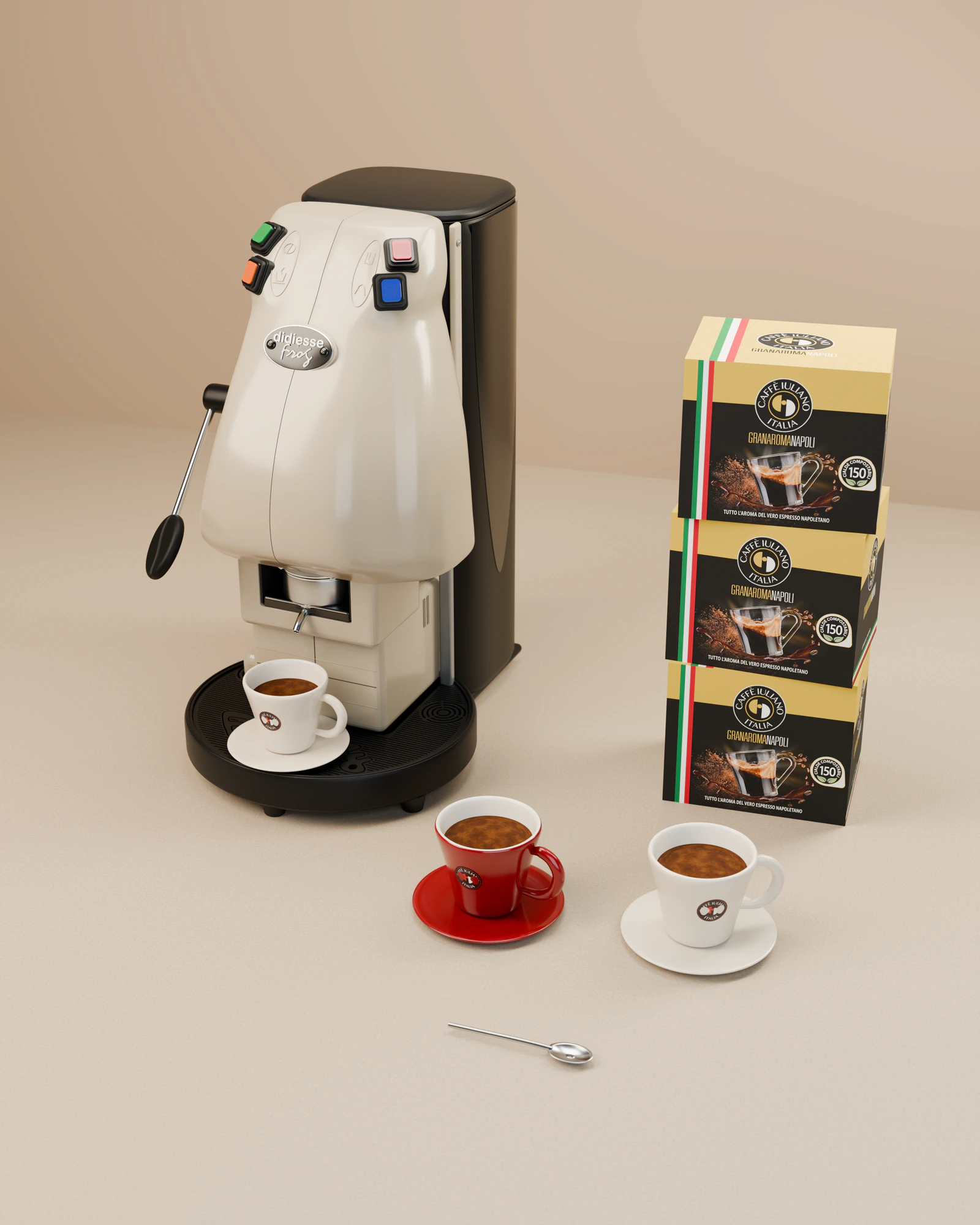 Aparati Frog i bardhë pranë tri kutive Gran Aroma Napoli, me dy filxhanë espresso