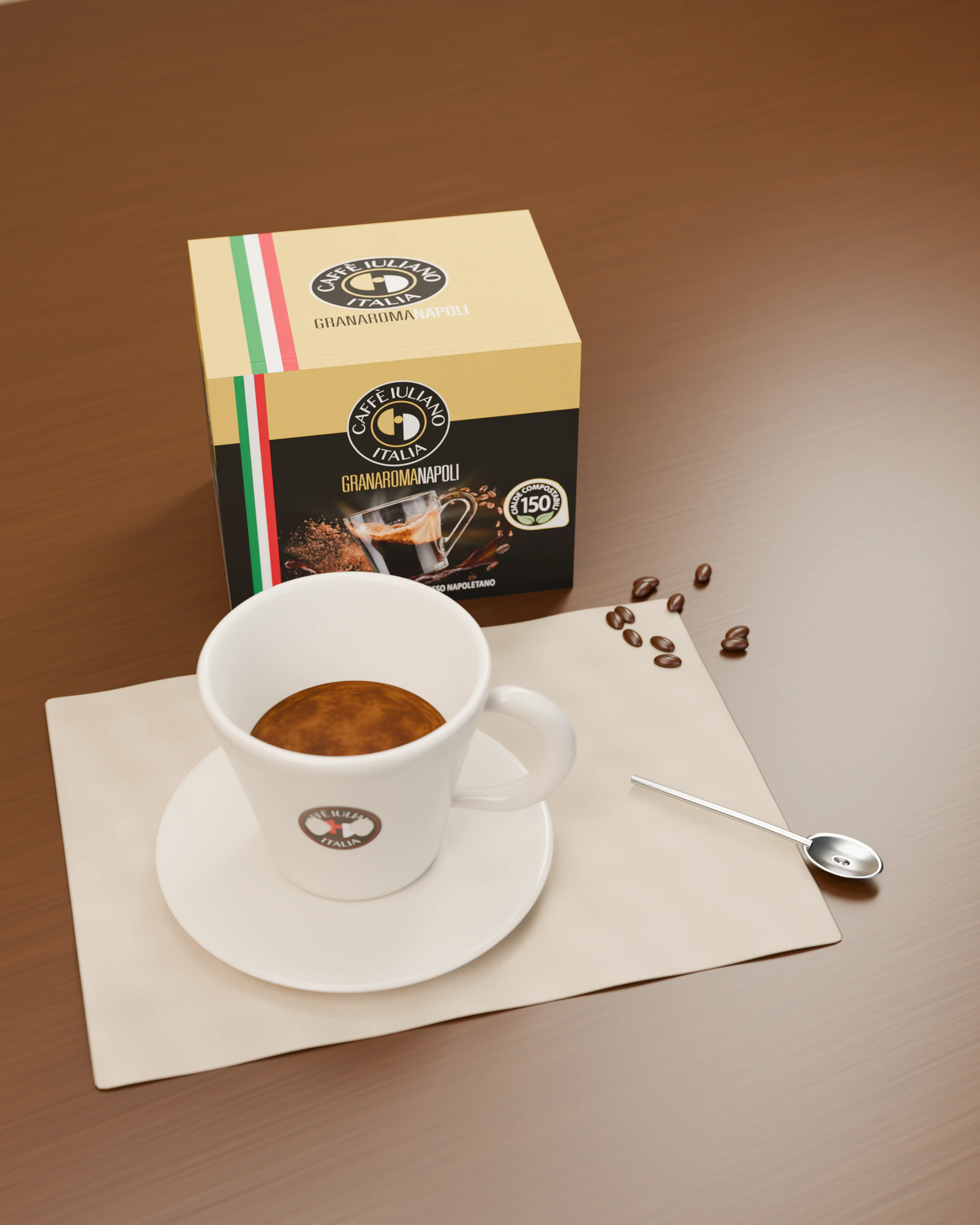 Espresso e përgatitur me bustina Gran Aroma Napoli, pranë kutisë së setit