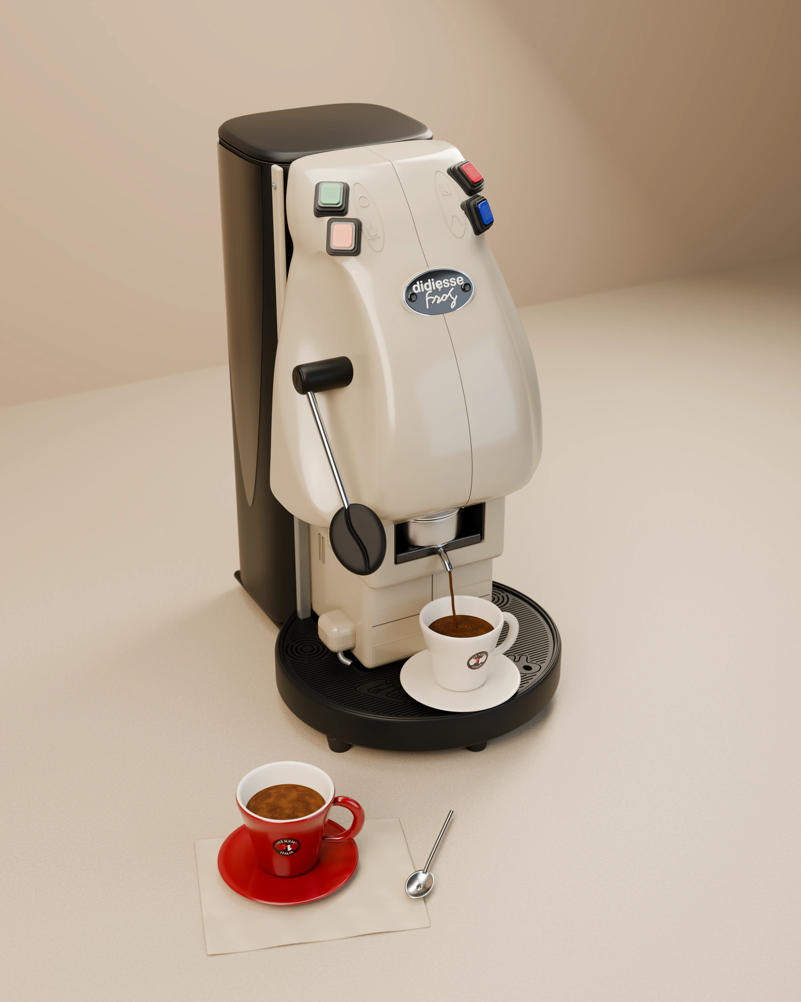 Aparati Frog i bardhë duke derdhur espresso në filxhan, me një filxhan të kuq përpara