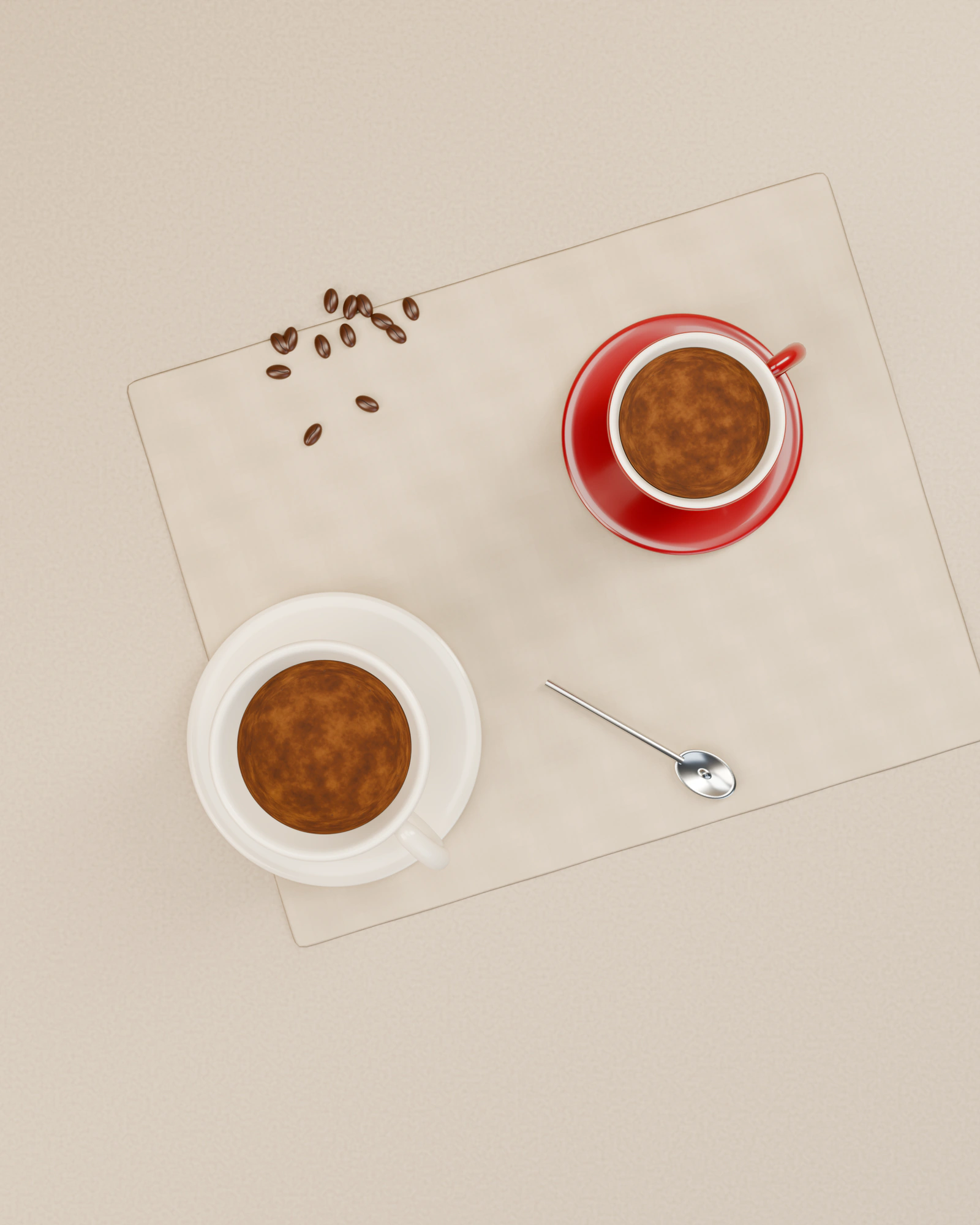 Dy filxhanë espresso me krem, një i kuq dhe një i bardhë, parë nga lart, me kokrra kafeje