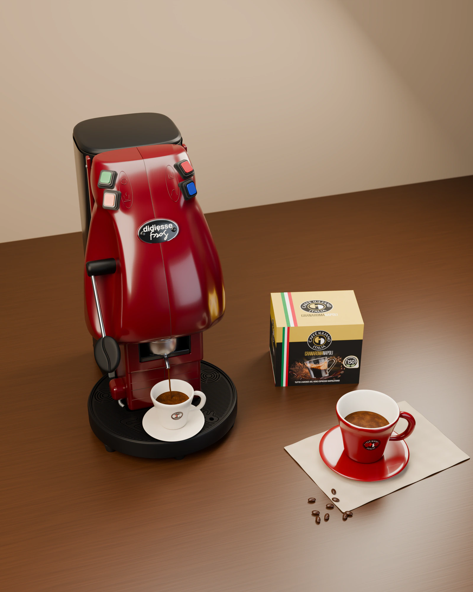 Aparati Frog i kuq me një filxhan espresso, kutinë Gran Aroma Napoli dhe një filxhan të kuq mbi një tavolinë druri