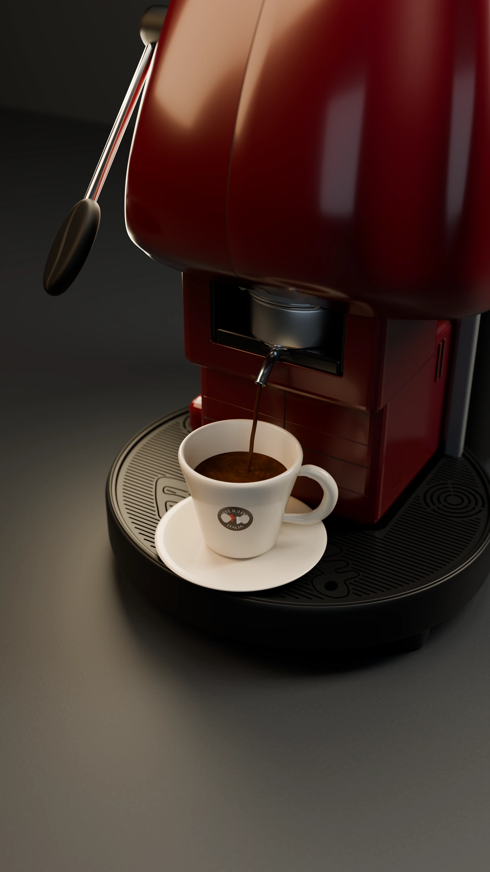 Aparati Frog i kuq duke derdhur espresso në një filxhan të bardhë