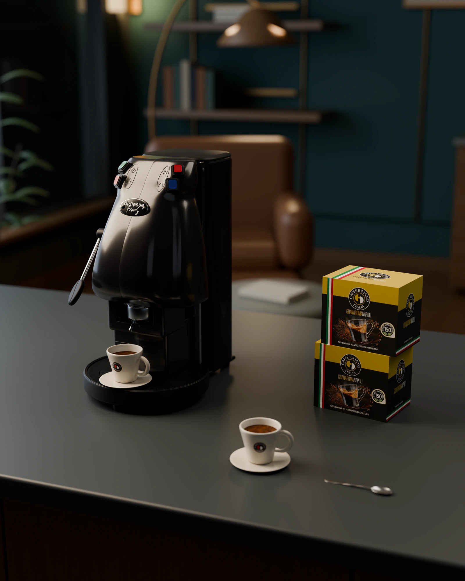 Aparati Frog i zi në një zyrë në mbrëmje, me dy kuti Gran Aroma Napoli dhe një filxhan espresso